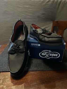 Sperry Men’s Black Leather Moc Toe Boat Shoes